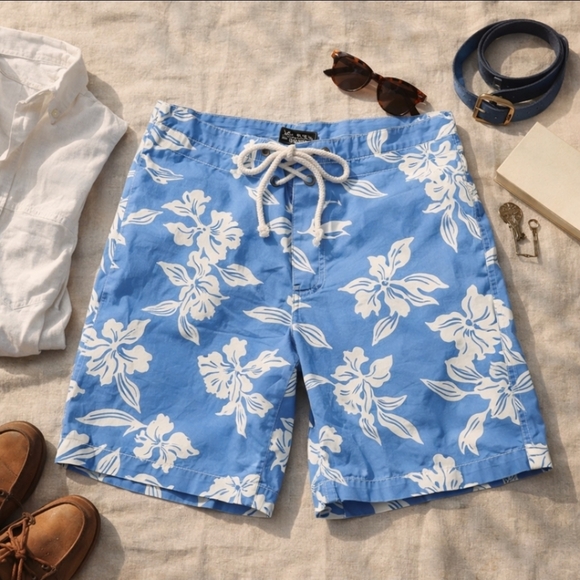 J. Crew Other - Vintage J.Crew Boardshorts Men’s 38 Blue White Floral Lace-Up Surf Swim Shorts